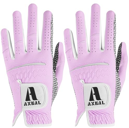 AXKAL Lot de 2 gants de golf pour femme avec prise en main améliorée et confortable, main droite, gants de golf légers et respirants toutes saisons, violet rose, tailles S, M, L, XL (violet, S, gauche