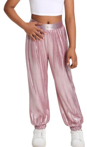 SEAUR Pantalones brillantes para niños y niñas, pantalones de baile hip hop, pantalones de chándal metálicos, festival, fiesta, danza, ropa de calle 110-160 = (EU 104-158), Rosa., 146-152