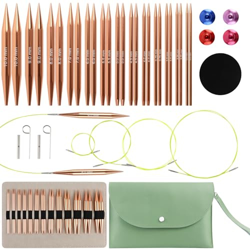Lot de 13 Paires Aiguilles à Tricoter Circulaires Interchangeables de 3-10mm, Accessoires de Tricot Professionnels en Aluminium avec 4 Câbles, Étui et Accessoires, pour Débutants et Professionnels
