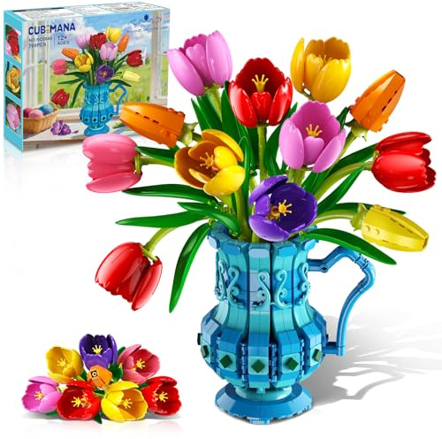 CUBIMANA Flowers Botanicals Tulip Building Set with Vase, 768PCS Artificial Bonsai Plant Blocks Toy, Home Office Desk Indoor Decor Craft Kit, Valentine Birthday Gift for Adults Women Her Mom Girls 12+