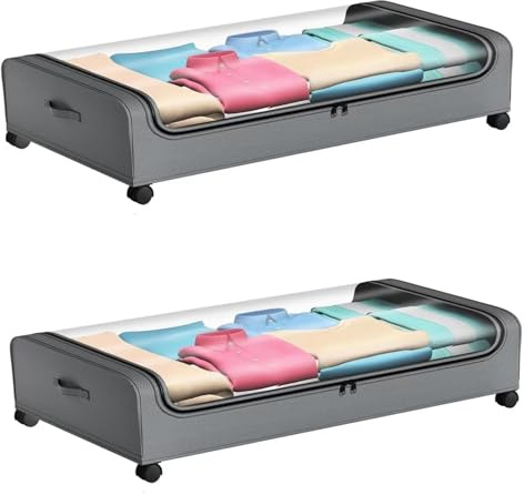 ETOFIXEE 2 Stück Unterbettkommode mit Rollen,Aufbewahrungsbox mit Rollen 360° Drehung und Sichtfenster Deckel,Metallrahmen Unterbett,Unterbett-Aufbewahrungstasche Kleideraufbewahrung (grau)