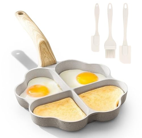 Pritok - Sartén para huevos con forma de corazón con 4 agujeros – antiadherente con 3 espátulas de silicona, mango de madera, para tortitas, tortillas