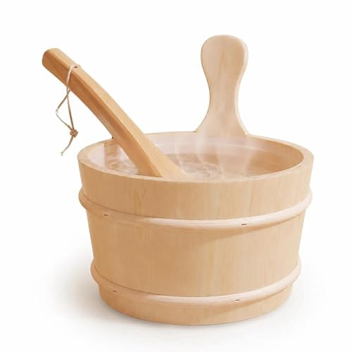 4L Wooden Sauna Bucket and Ladle Set - Leak-Proof Sauna Accessories with Waterproof Liner & Extra-Long Scoop - Premium Wood Barrel for Home Spa, Steam Room & Foot Bath