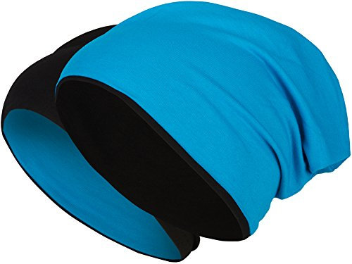 2 in 1 Wendemütze - Reversible Slouch Long Beanie Jersey Baumwolle elastisch Unisex Herren Damen Mütze Heather in 24 verschiedenen Farben (8) (Schwarz/Blau)