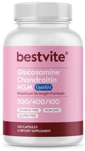 BESTVITE Glucosamine Chondroitin MSM 500/400/100 per Capsule (240 Capsules) with Patented OptiMSM - Maximum Strength Formula for Joint Support - No Stearates - Gluten Free - Non GMO
