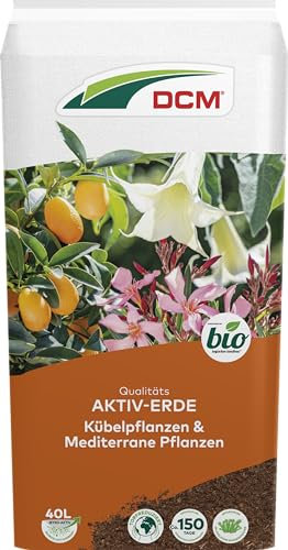 DCM AKTIV Erde Kübelpflanzen & Mediterrane Pflanzen - Spezialerde - Wasserspeicher Sphagnum-Moos - Mit organischem Dünger - Mit Mykorrhiza-Pilzen - Torfreduzierte Pflanzenerde - Bio - 40 L