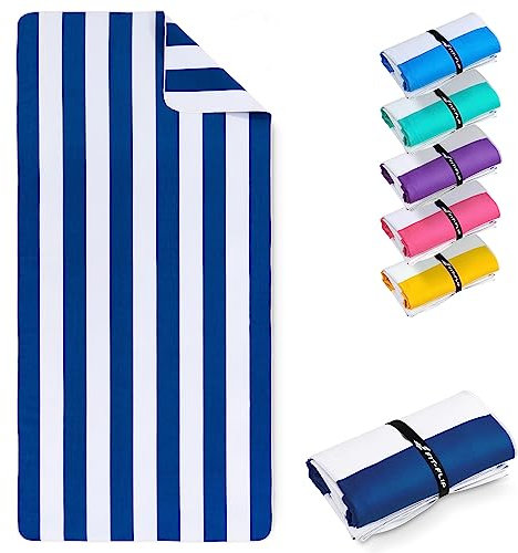 Fit-Flip Toalla de Playa Microfibra Grande - Ligera, Fina y de Secado rápido – Toallas para Viajes, Natación y Piscina - 100% reciclada – a Rayas Azul - Gris Oscuro – 160 cm x 90 cm