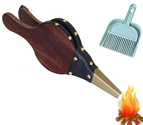 Soufflet de cheminée, ventilateur en bois moyen avec petit balai, soufflet portatif pour barbecue intérieur, extérieur, camping, cheminée, feu 40 x 18 cm