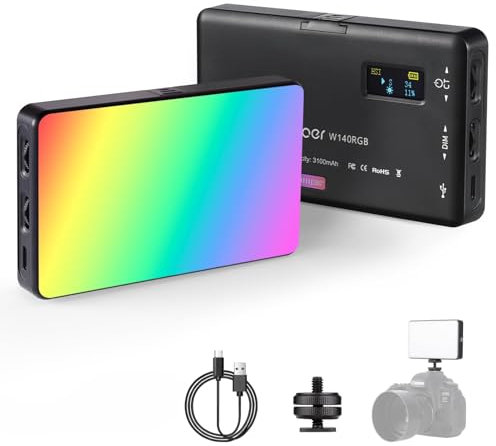 Luz de Video RGB, Andoer W140 LED Luz de Cámara con Batería de 3100mAh, Regulable 2500K-9000K, Luz de Relleno Recargable con Pantalla LCD para Macro, Fotografía de Productos y Vlogs de Youtube
