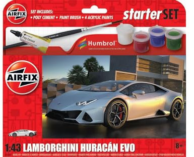 Airfix Starter Set - A55007 Lamborghini Huracán EVO Model Building Kit - Plastic Model Car Kits for Adults & Children 8+, Set Includes Decals, Acrylic Paints, Brushes & Poly Cement - 1:43 Scale Model