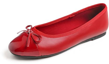 Feversole Women's Bow Tie Fashion Dress Slip On Shoes Round Toe Ballet Red Patent Toe Cap UK Size 5.5