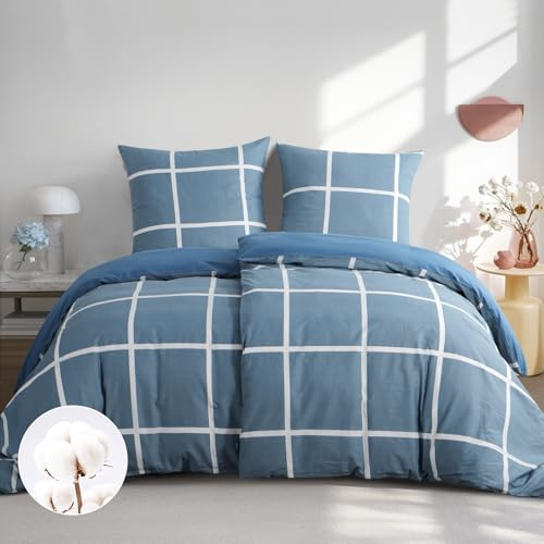 RUIKASI Bettwäsche 135x200 Baumwolle 4teilig Denimblau - Baumwollbettwäsche 135 x 200 4tlg mit Karo Blau, Bettbezug Set 4 teilig Cotton mit Reißverschluss