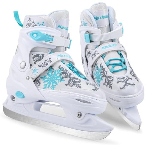 Maxluke Girl's Adjustable Ice Skates | Ice Hockey Skates for Kids Girls Boys | Youth Beginner Ice Skating Shoes for Outdoor and Rink | Soft Comfortable Lining | White Snowflake Style