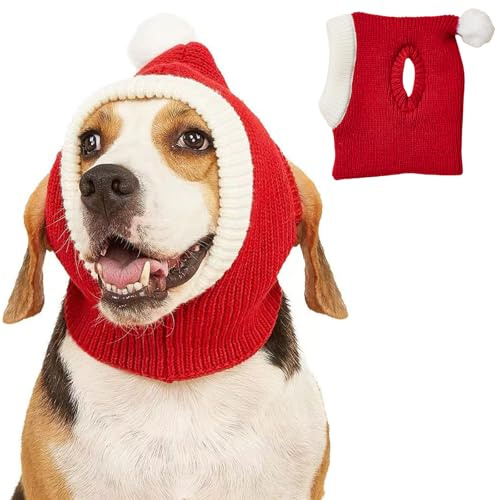 Winmany Cappello natalizio per cani con fori per le orecchie, taglia S, M, L, invernale, lavorato a maglia, con pompon, scaldacollo, paraorecchie, grazioso costume natalizio (M)