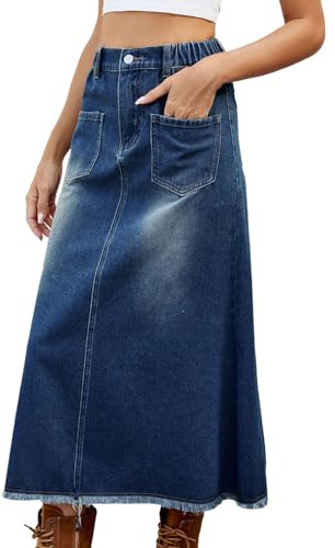 Falda vaquera para mujer, falda vaquera larga, falda midi azul con bolsillos, falda de cintura alta, falda larga envolvente para mujer, falda larga para mujer, falda de color liso, falda de otoño,