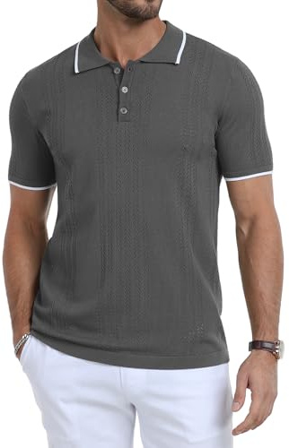 KUYIGO Polo para hombre adulto, manga corta, transpirable, diseño hueco, suave, casual, con cuello de contraste, para golf, negocios, primavera