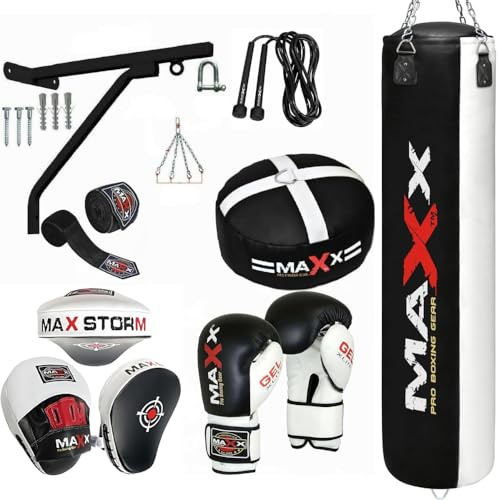 Maxx Home Gym Boxing Punch Bag Set Black White (3ft, 4ft, 5ft) with Gloves, Focus Pads, Floor Anchor Bracket, Rope, Hand Wraps & Chain – Complete Training Kit