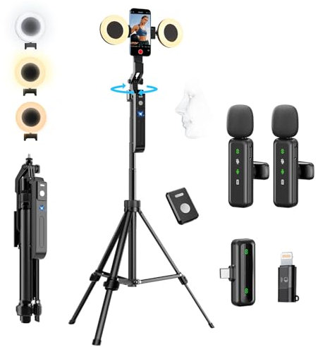 yAyusi Kit de Videoblog para iPhone/Android, Youtuber Kit, con 360° Rotación Seguimiento Facial Automático Trípode para Smartphone, Micrófono, Luz de Relleno y Control Remoto