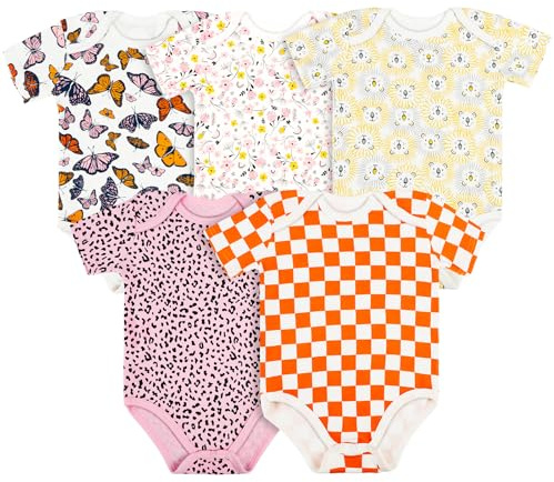 Vicloon Set di 5 Body Neonato e Neonata, Body a Maniche Corte in 100% Cotone, con Comoda Apertura, Unisex 3-6 Mesi, Idee Regalo Nascita (A)