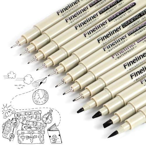 YBEATY 12 set fineliner ritpennor svart vattentät pigmentbläck konturer arkivkvalitet tunn ingen blödning smidig för konstnärer journaling manga kalligrafi illustration