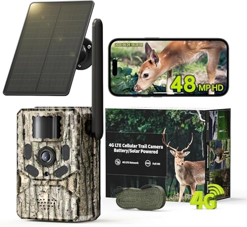48MP Cámara de Caza 4G LTE Solar con Tarjeta SIM, Cámara de Fototrampeo 4K Exterior, Visión Nocturna IR Invisible 950nm, Batería 10400mAh, Audio Bidireccional, Disparo 0.1s, IP66