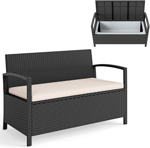 COSTWAY Banco de Almacenamiento con Cojín, Banco de Mimbre con 2 Plazas, Capacidad de 160 L, Bolsa Impermeable, Funda Desmontable, Carga hasta 360 kg, para Jardín, Patio, Terraza
