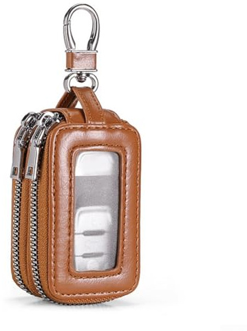 Élégant étui en cuir pour clé de voiture avec double fermeture éclair, transparent pour protection de la télécommande, pochette résistante aux rayures avec mousqueton en métal (jaune)