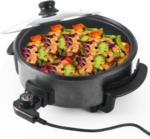 Stor elektrisk stekpanna 42 cm 1 500 W non-stick med lock, djup skål för varm gryta, pizza och grillning (9 cm djup)