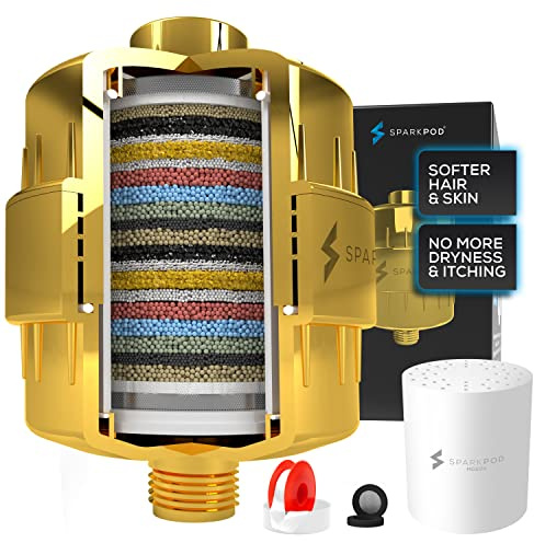 SparkPod High Output Shower Filter Capsule- Rejuvenates Skin and Hair Health (Reduces Eczema & Dandruff), Filters Chlorine, Heavy Metals and Impurities | 1-min Installation, (Gold)