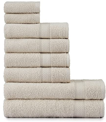 nottoc Handtücher Set Beige 8-TLG / 2 Badetücher 70x140 + 4 Handtücher 50x90 + 2 Gästehandtücher 30x50 - Handtuch mit Aufhänger 100% Baumwolle Saugfähige Weiche Luxus Duschhandtücher - Sand Beige
