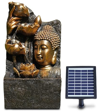 GEEZY Solar Water Features for the Garden – Outdoor Buddha Head Fountain with LED Lights – Solar Powered, Self-Contained – Easy Setup, Cascading & Tranquil – Ideal for Garden, Patio & Balcony Decor