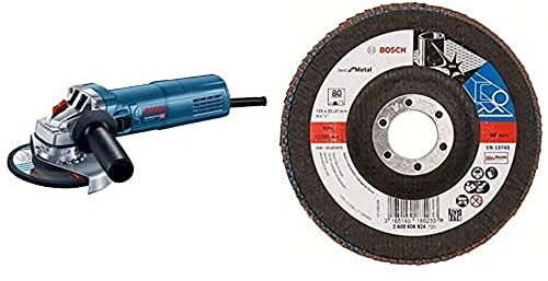 Bosch Professional Winkelschleifer GWS 9-125 S (im Karton) + Fächerschleifscheibe (verschiedene Materialien, bombierte Ausführung, Ø 125 mm, Körnung 80)