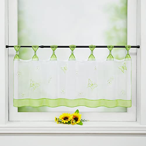 Delien Net Curtain, Voile Bistro Curtains with Loops, Kitchen Short Curtain, Embroidery Butterfly Transparent Rod Curtain, Short Curtain, W x H 120 x 45 cm, Green