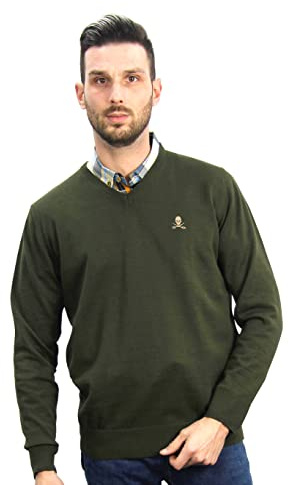 Jersey de Hombre Cuello Pico de Algodon Manga Larga de Marca Modelo Basico para Vestir Punto Fino (Kaki, S)