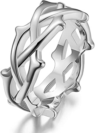 ANIEJUFI Stainless Steel Vintage Jesus Crown of Thorns Rings for Men Women Vine Branch Shape Lucky Ring Silver Size 11