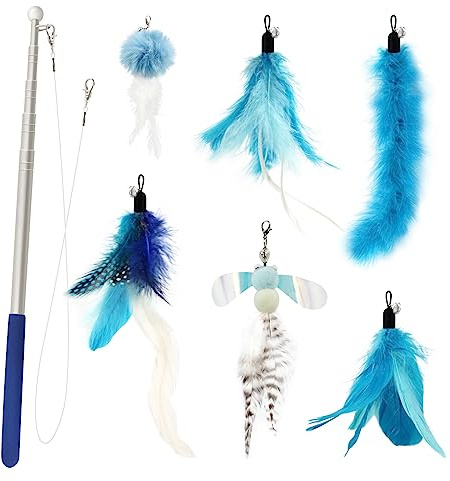 SONGWAY Giochi con Piume per Gatti - 7 Pezzi Giocattoli Interattivi con Piume, 1 Rettrattile Bacchetta per Gatti con 6 Ricariche di Piuma con Campana, Blu