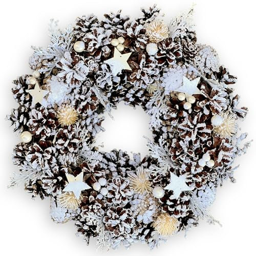 MIJOMA Weihnachtskranz Tannenzapfenkranz - Wunderschöne Winterliche Dekoration für Wand und Tür - Handgearbeiteter Adventskranz mit echten Tannenzapfen, künstlicher Tanne und Beeren (weiß/braun)