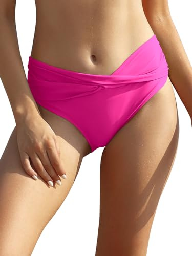 SHEKINI Pantalones de bikini para mujer, estilo retro, acanalados, clásicos, negros, tallas grandes para mujer, Rosa fluorescente, L