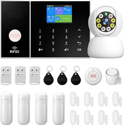 22-teiliges Wireless/WiFi Home Anti-Diebstahl-Kit mit Überwachungskamera 200 MP, Alarmsystem mit Touchpad und 2,4-Zoll-TFT-Farbbildschirm, Batteriebetrieben, kabellos und verkabelt