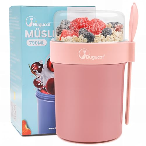 Bugucat müslimugg To Go 560 ml 230 ml, yoghurtkopp att gå med sked och lock, läckagesäker müsli To go kopp med såsbox, yoghurtkopp müslikopp för yoghurt havregryn sallad frukt rosa