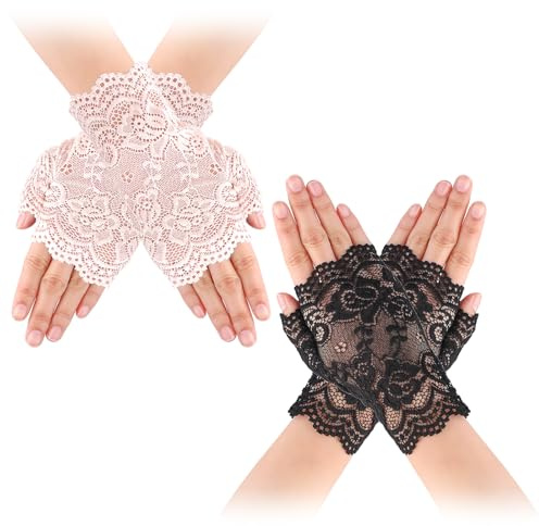 Yolev 2 Pares Guantes de Encaje Cortos Sin Dedos para Mujer Fiesta de Té Accesorios Ligeros Guantes para Bodas y Vacaciones para Novia Disfraz de Halloween Fiesta de Cosplay Ópera Carnaval