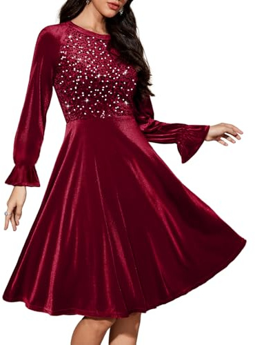 Bbonlinedress Sammet paljett cocktail långärmad klänning för kvinnor sammet vintage bröllop gäst midi-klänning, Vinröd, XXL