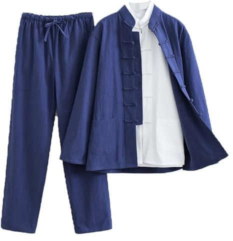Chinesische Kampfkunst Kleidung,Tai Chi Kleidung, 3 - Tai Chi-Uniform aus Baumwollleinen, traditionelle chinesische Kleidung, Tang-Anzug, langärmelige Mantelhose, Zen-Meditationsuniform(Blue,M)