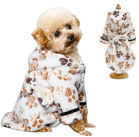 Small Dog Bathing Towel, Adjustable Dog Bath Robe for Cold Weather, Puppy Pajamas Warm Flannel Dogs Pjs, Pet Coats for Small Dogs White Paw M