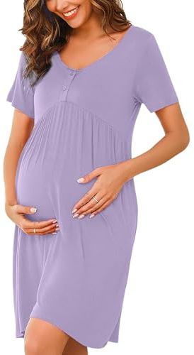 Ekouaer Camicia da Notte Allattamento Donna Maniche Corte Pigiama Sexy Premaman Nightdress Bottoni Pizzo, S-XXL