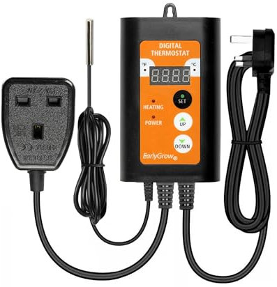 EarlyGrow Digital Temperature Controller with LED Display - Precise Heat Control for Seed Propagation, Greenhouse, Vivarium & More - Plug & Play Thermostat with 1000W Capacity for Mats & Heaters