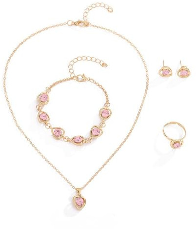 TTPSRY 4 PCS Jewellery Set for Women Love Heart Cubic Zirconia Pendant Adjustable Necklace Bracelet Earrings Ring Hypoallergenic Statement Jewelry Sets Gifts for Mum Girls Wife Sister