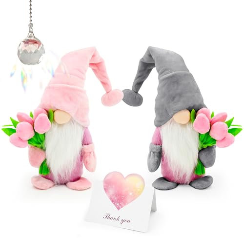2 pezzi gnomi primavera tulipani decorazione per interni, gnomo primaverile, gnomo pasquale, decorazione da tavolo con ciondolo e cuore, regalo per donne (rosa)