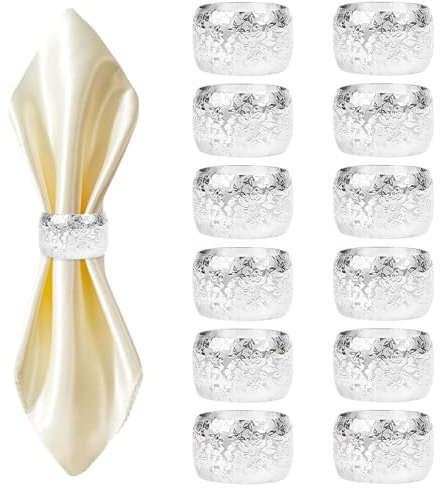 Serviettenringe Silber 12 Stück Elegante Serviertenringe mit Rosenmuster, Servietten Ring für Anlässe wie Thanksgiving, Hochzeit, Weihnachten, Familie Sammeln, Esstischdekoration (Silber)
