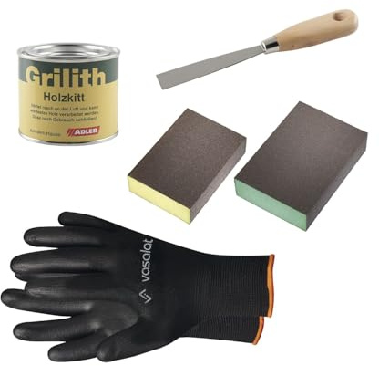 Grilith Holzkitt - Spachtelmasse für Holz, ideal zur Holzreparatur - Holzspachtelmasse mit Schleifblöcke K200 & K180 und Spachtel, schwarz 200ml
